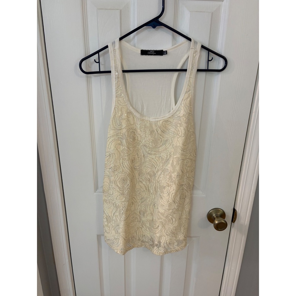 BKE Boutique Tank Top Women Medium Cream Lace Floral Sequin Racerback Scoop Neck